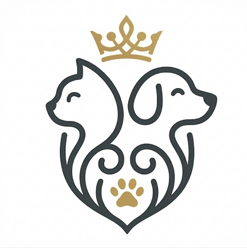 Logo with a stylized cat and dog, a crown, and a paw print on a white background